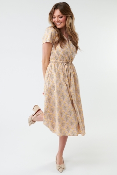 Womens pink and yellow yoke wrap top modest dress